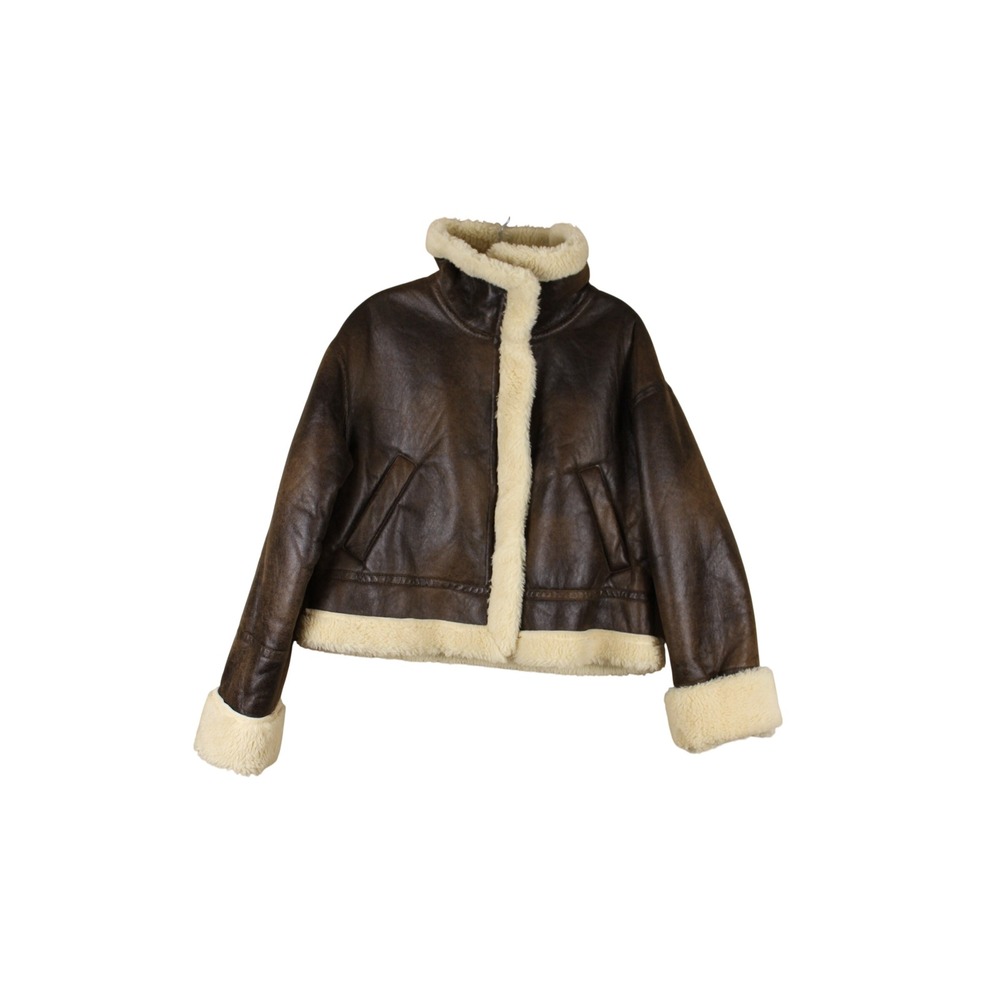Scoop Penny Lane Brown Cropped Faux Leather Shearling Aviator Bomber Jacket L